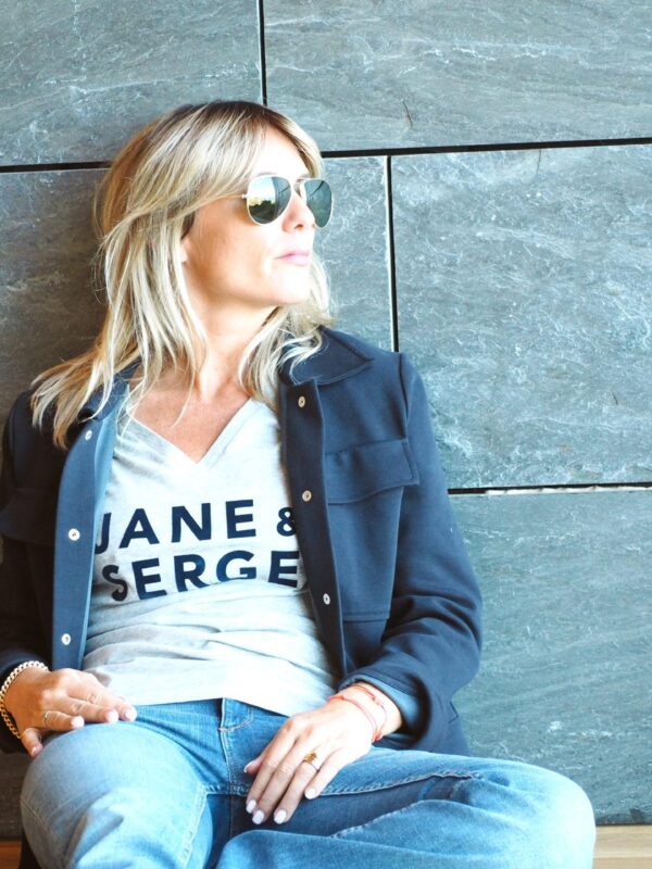 T-Shirt Col V JANE & SERGE Gris chiné / Velours Marine