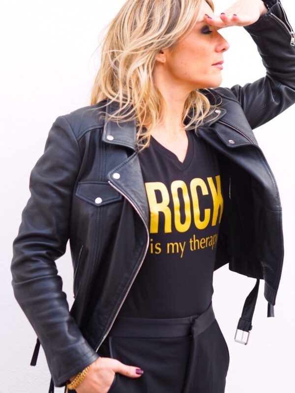 T-Shirt Col V ROCK is my therapy Black / Gold Glitter