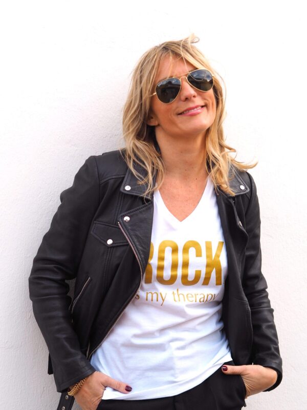T-Shirt Col V ROCK is my therapy Blanc / Gold Glitter