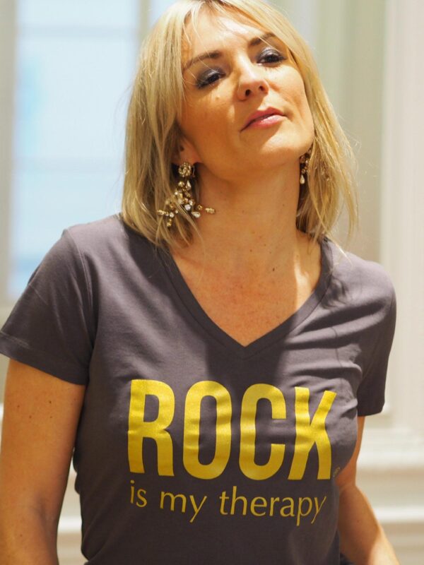 T-Shirt Col V ROCK is my therapy Anthracite / Gold Glitter