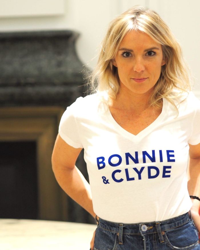 T-Shirt Col V  BONNIE & CLYDE Blanc / Velours Bleu Roy