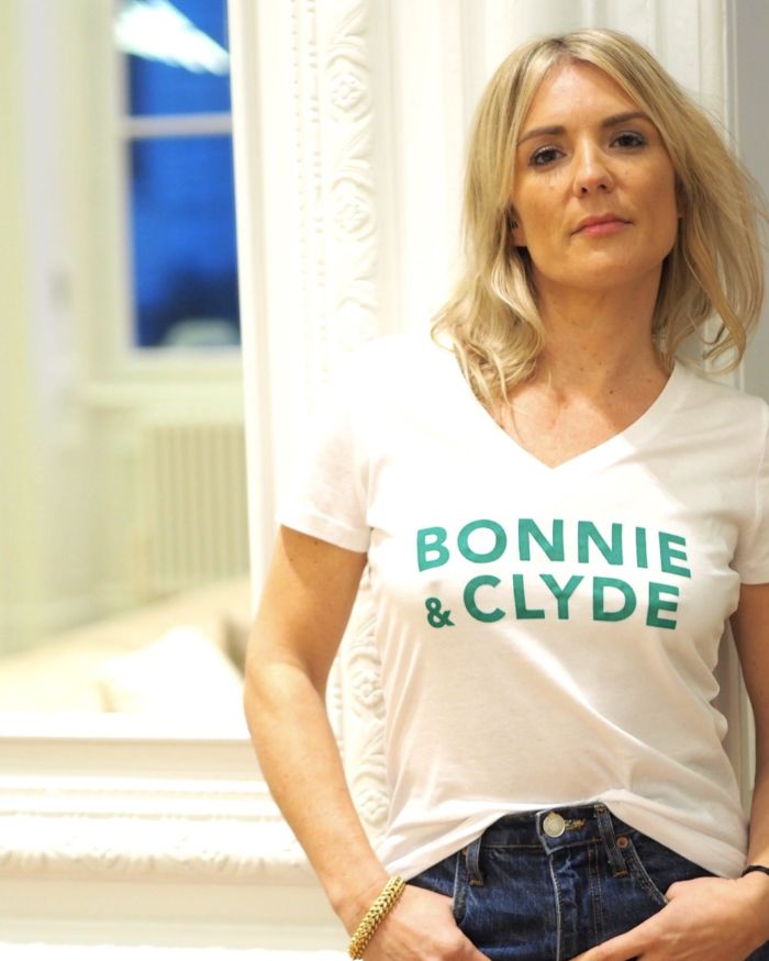 T-Shirt Col V  BONNIE & CLYDE Blanc / Velours Vert