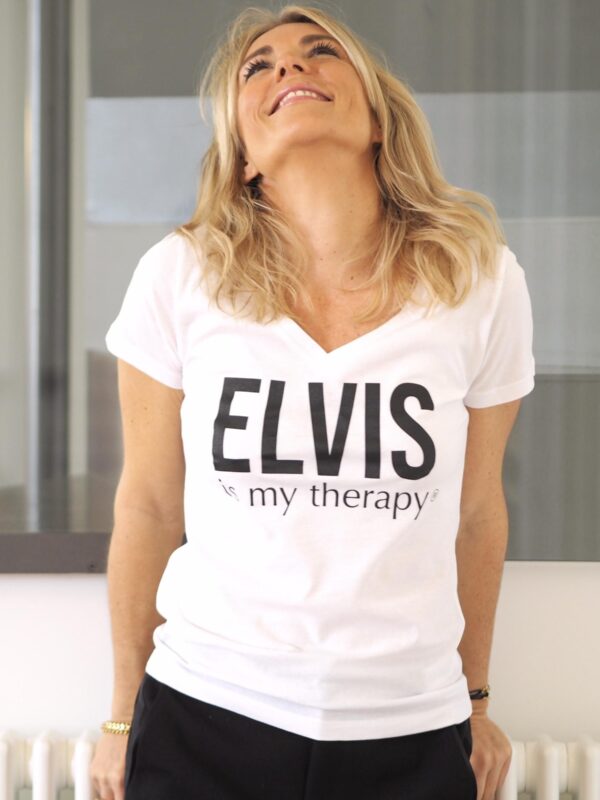 T-Shirt Col V ELVIS is my therapy Blanc / Black