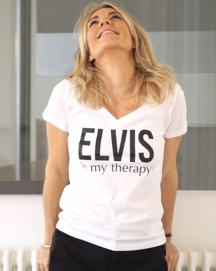 T-Shirt Col V  ELVIS is my therapy  Blanc / Black