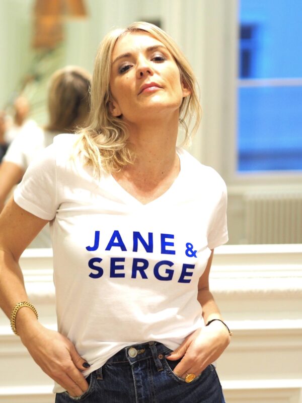 T-Shirt Col V JANE & SERGE Blanc / Velours Bleu Roy