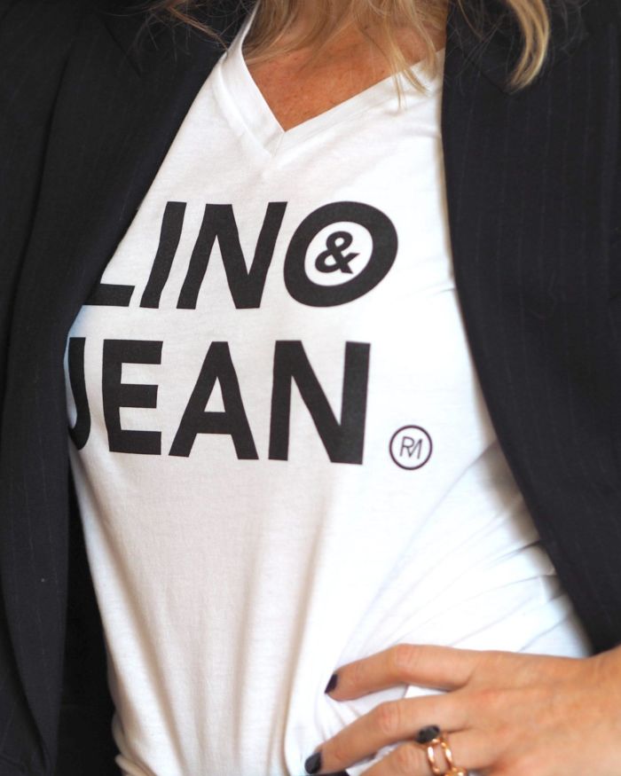 T-Shirt Col V  LINO  & JEAN  Blanc / Black