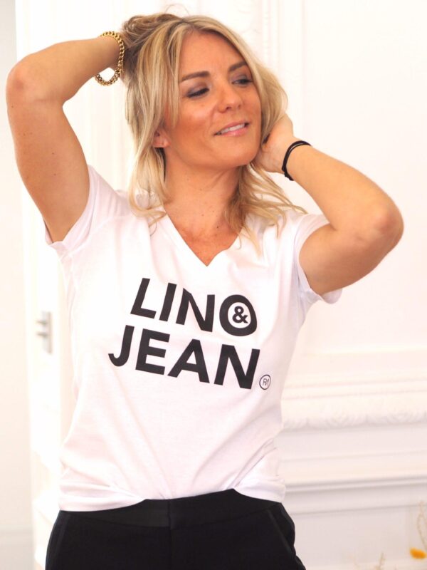 T-Shirt Col V LINO & JEAN Blanc / Black