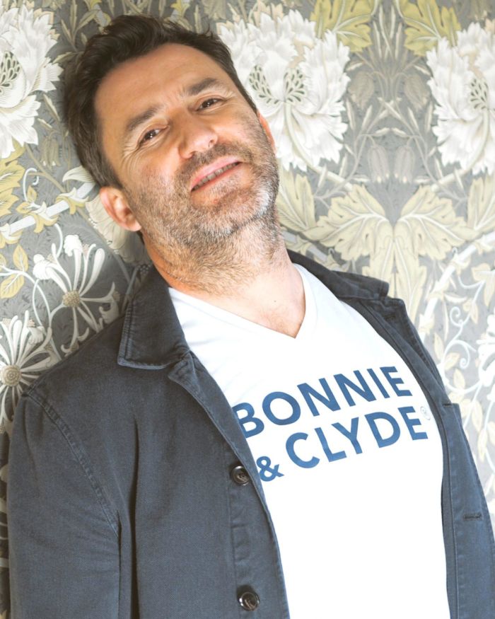 T-Shirt Col V  BONNIE & CLYDE White / Bleu Pétrole