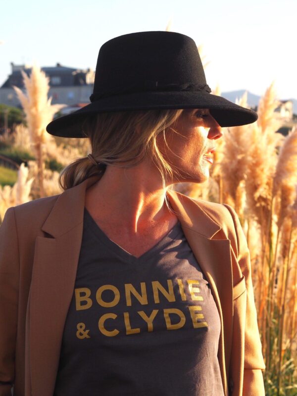 T-Shirt Col V BONNIE & CLYDE Anthracite / Gold Glitter