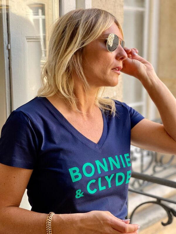 T-Shirt Col V  BONNIE & CLYDE Navy / Velours Vert