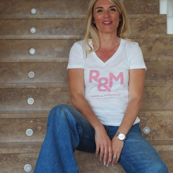 T-Shirt Col V RAOUL & MARCELLE White / Rose
