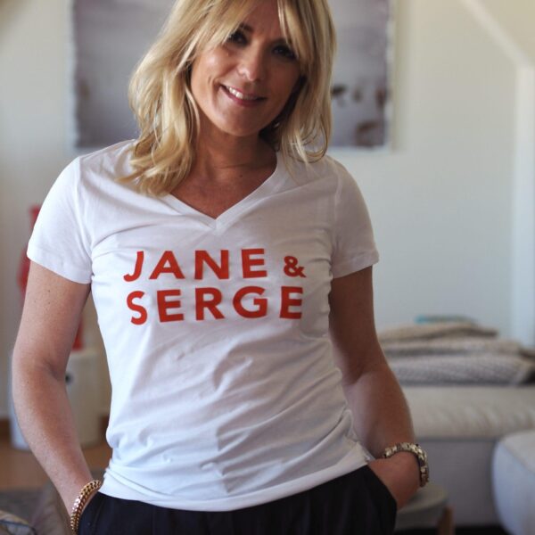 T-Shirt Col V JANE & SERGE Blanc / Velours Orange