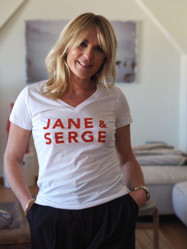 T-Shirt Col V JANE & SERGE Blanc / Velours Orange