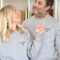 Sweat mixte DE L’AMOUR dans l’air  Gris chiné / Broderie noire
