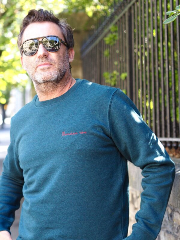 Sweat Monsieur rêve Vert chiné / Broderie rouge