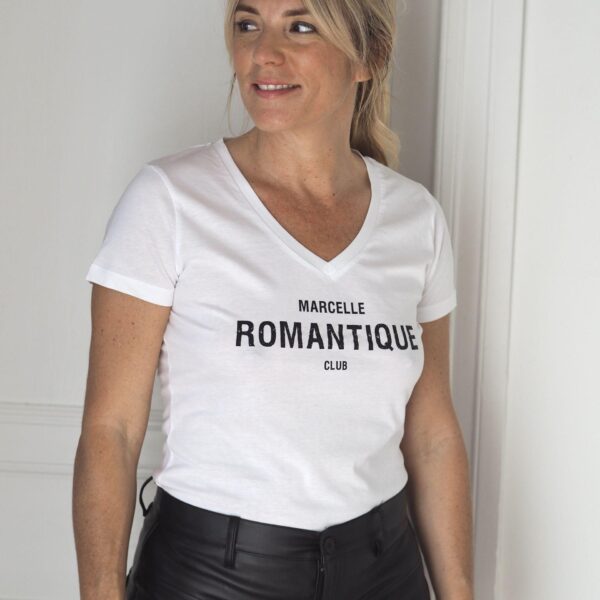 T-Shirt Col V ROMANTIQUE CLUB White / Black
