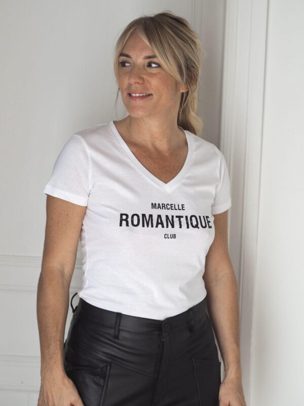 T-Shirt Col V ROMANTIQUE CLUB White / Black