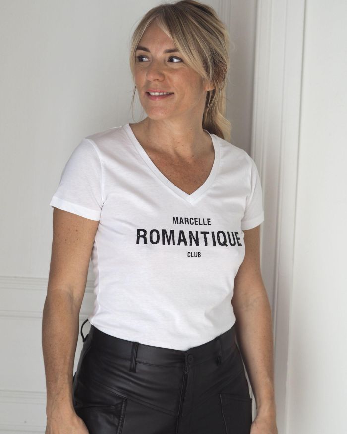 T-Shirt Col V  ROMANTIQUE CLUB  White / Black
