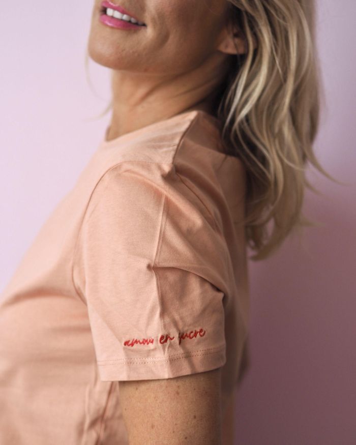 T-Shirt Mixte AMOUR EN SUCRE  Peach / Broderie Rouge