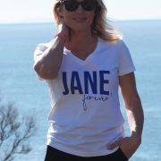 T-Shirt Col V JANE Forever   White / Bleu Klein