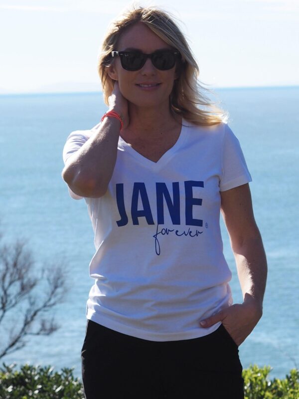 T-Shirt Col V JANE Forever White / Bleu Klein