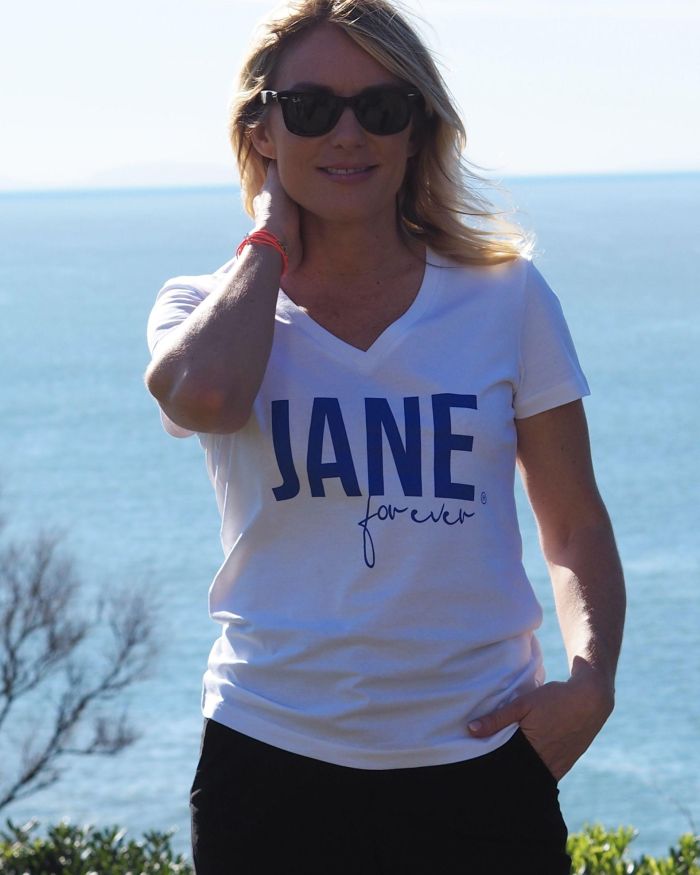 T-Shirt Col V JANE Forever   White / Bleu Klein