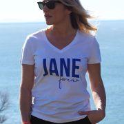 T-Shirt Col V JANE Forever   White / Bleu Klein