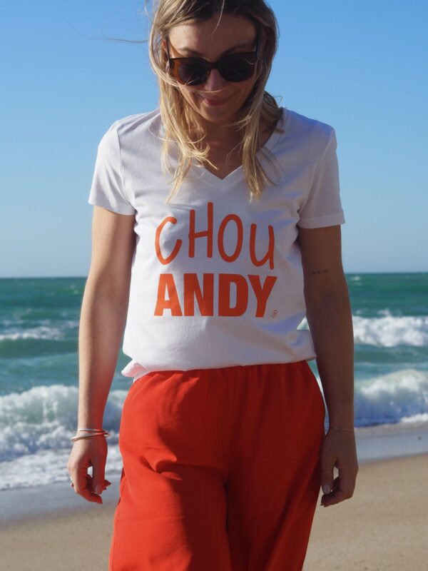 T-Shirt Col V Chou ANDY White / Orange