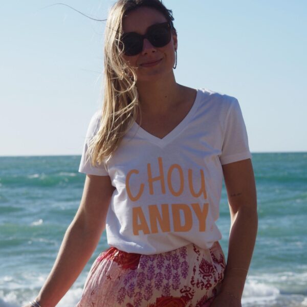 T-Shirt Col V Chou ANDY White / Pêche