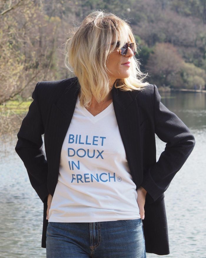 T-Shirt Col V  BILLET DOUX   Blanc / Bleu