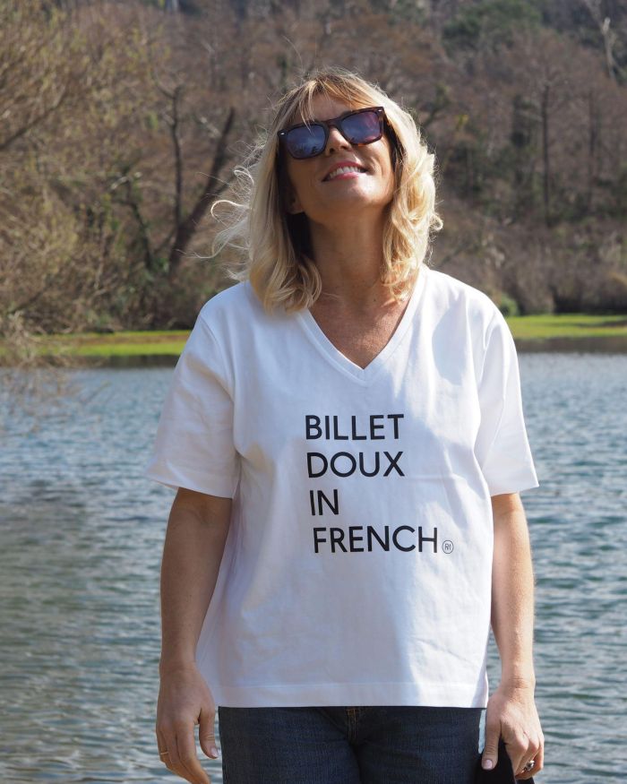 T-Shirt Col V Loose  BILLET DOUX  Blanc / Noir