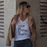 T-Shirt Col V  COUP DE FOUDRE   Blanc / Noir