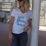 T-Shirt Col V  COUP DE FOUDRE   Blanc / Bleu