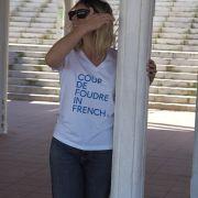 T-Shirt Col V  COUP DE FOUDRE   Blanc / Bleu