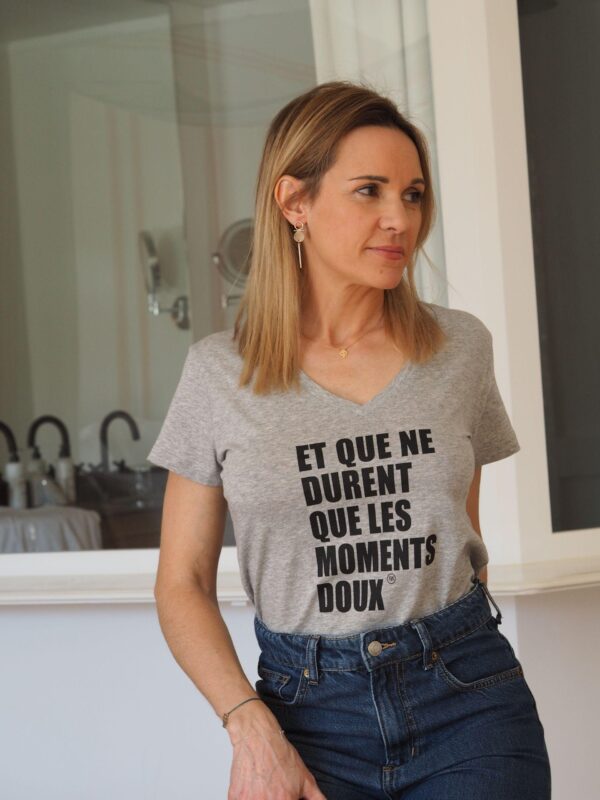 T-Shirt Col V MOMENTS DOUX Gris chiné / Black