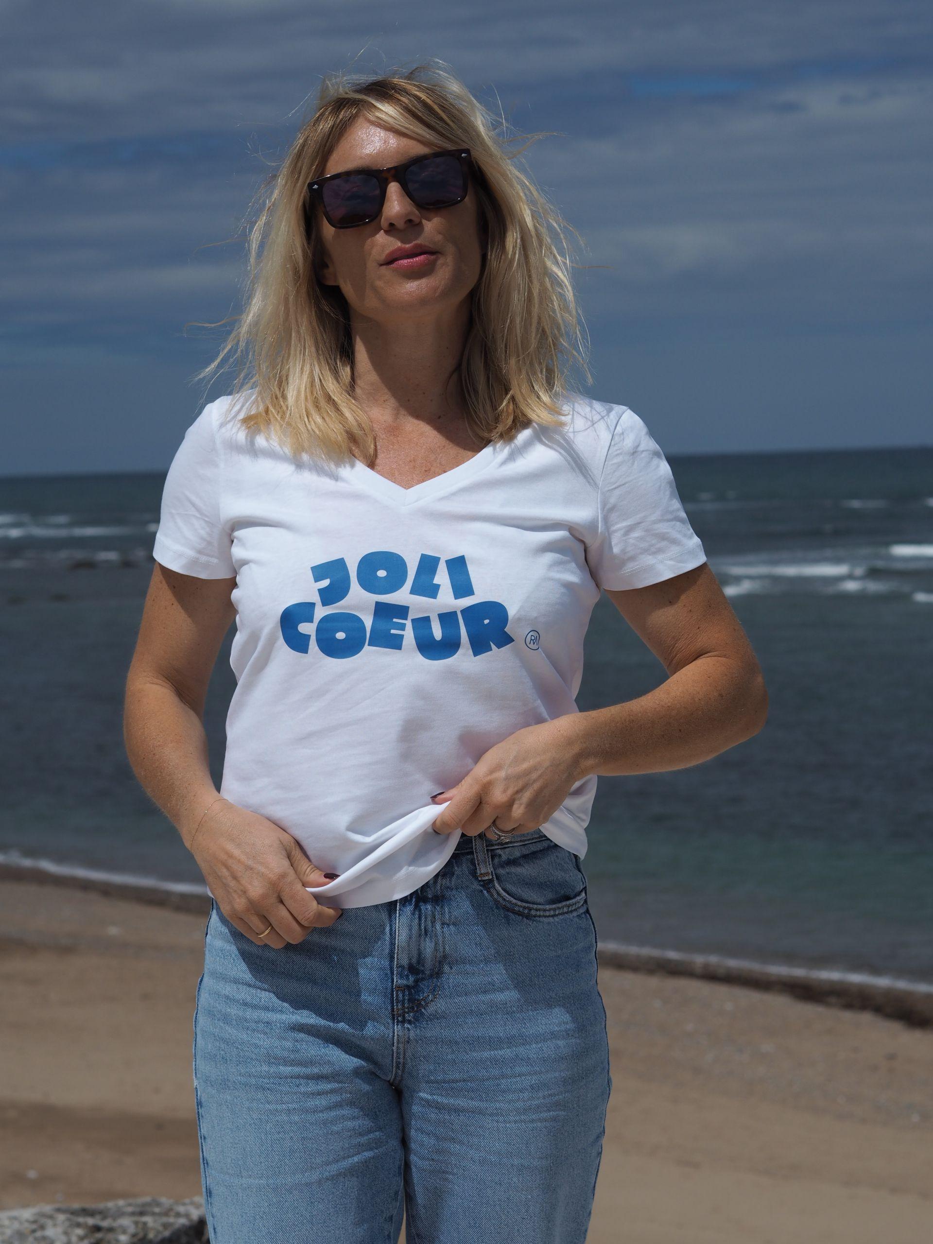 T-Shirt Col V  JOLI COEUR   Blanc / Bleu