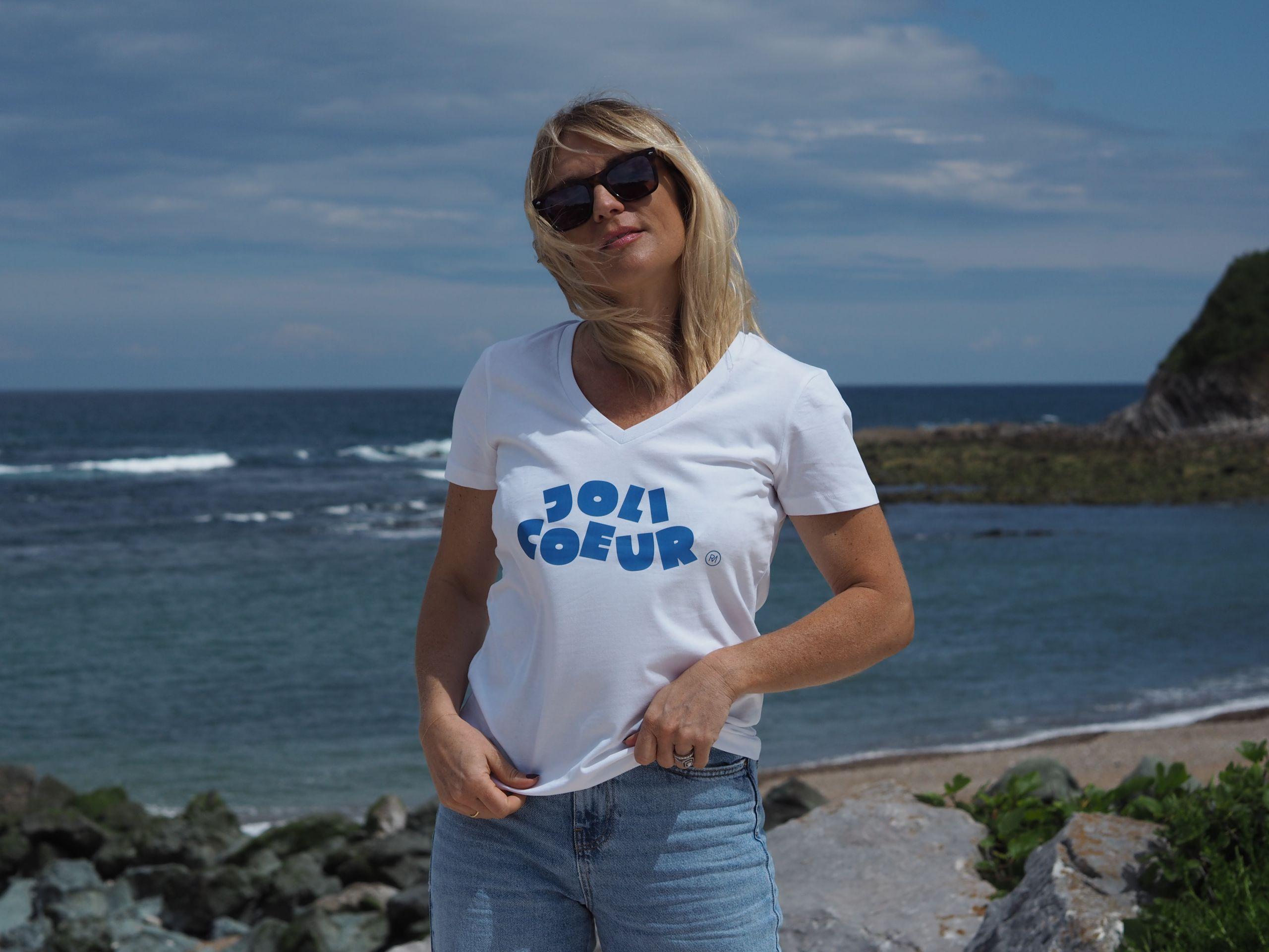 T-Shirt Col V  JOLI COEUR   Blanc / Bleu