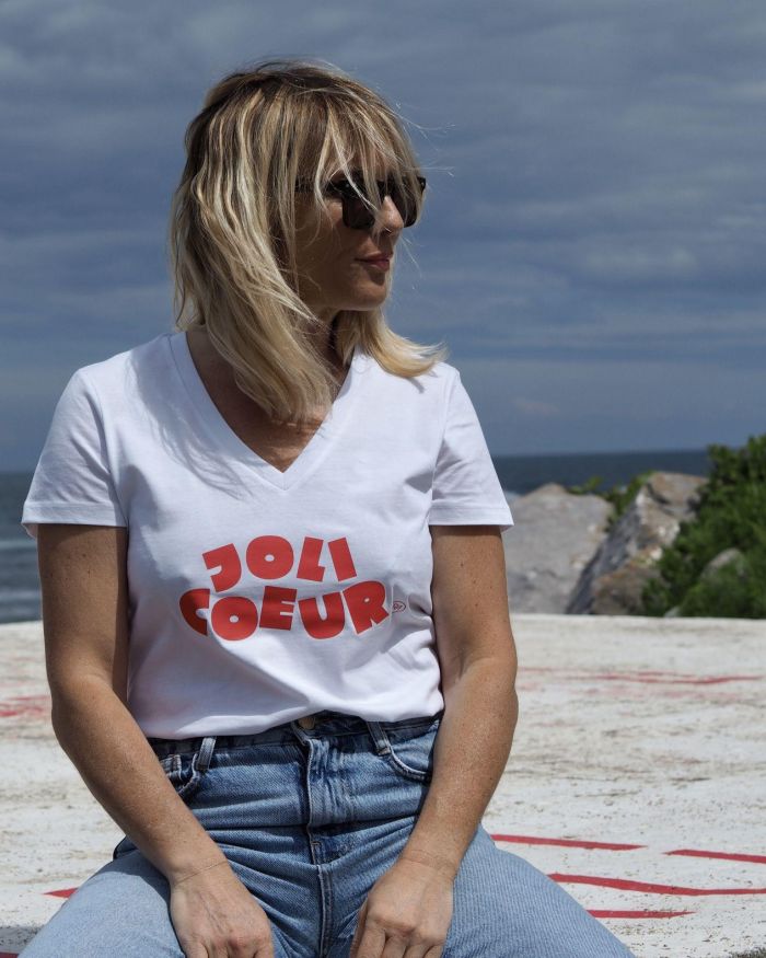 T-Shirt Col V  JOLI COEUR   Blanc / Tangerine