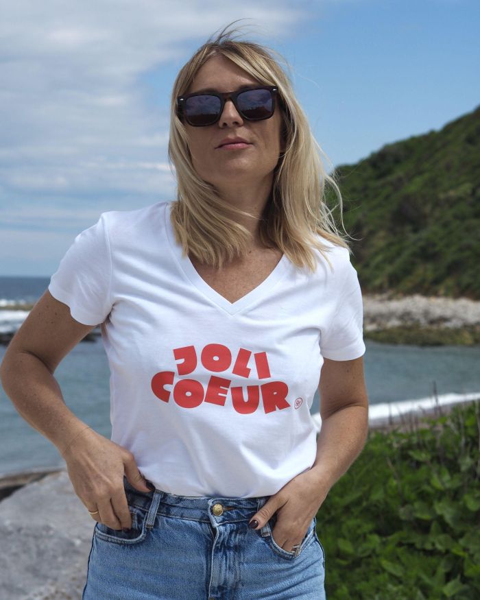 T-Shirt Col V  JOLI COEUR   Blanc / Tangerine