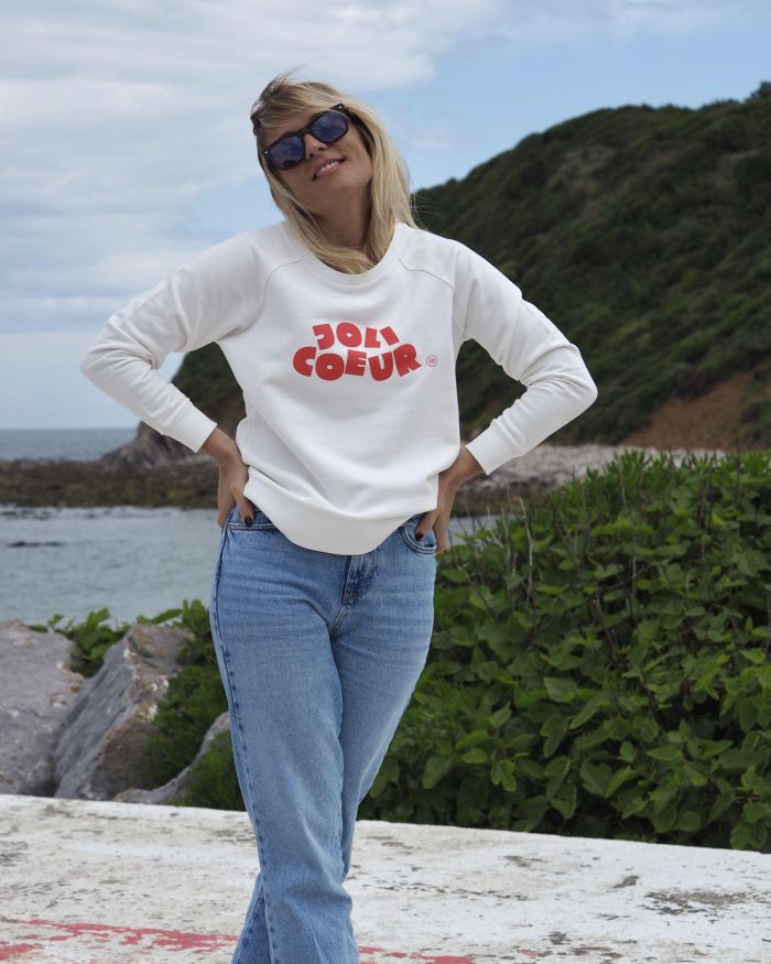 Sweat Raglan Loose  JOLI COEUR  Ivoire / Rouge